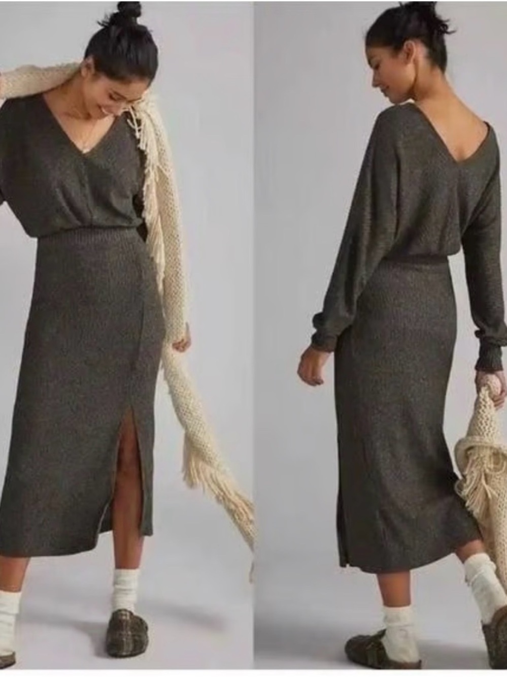 Anthropologie Daily Practice Barre Ribbed  V-Neck Midi Dress Medium NWT